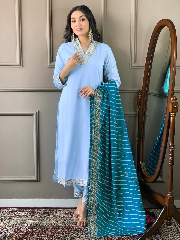 Sky Blue Attractive Looking Pant Suit With Designer Embroidery Printed Work Elegant Dress Pants