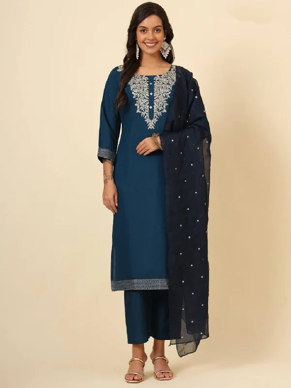 Teal Trendy Readymade Pant Suit With Embroidery Work Comfy Cargo Trousers