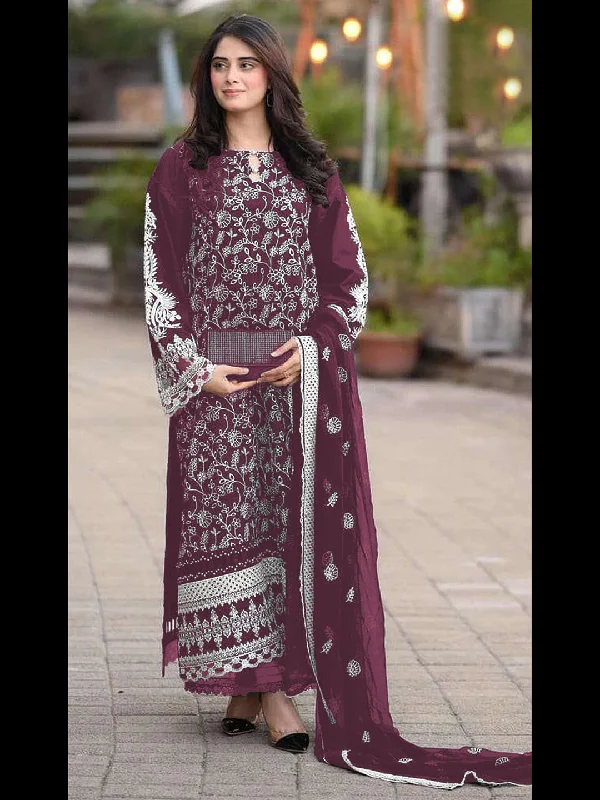 Wine Designer Heavy Semi-Stitched Pant Suit With Embroidery Work Casual Drawstring Pants