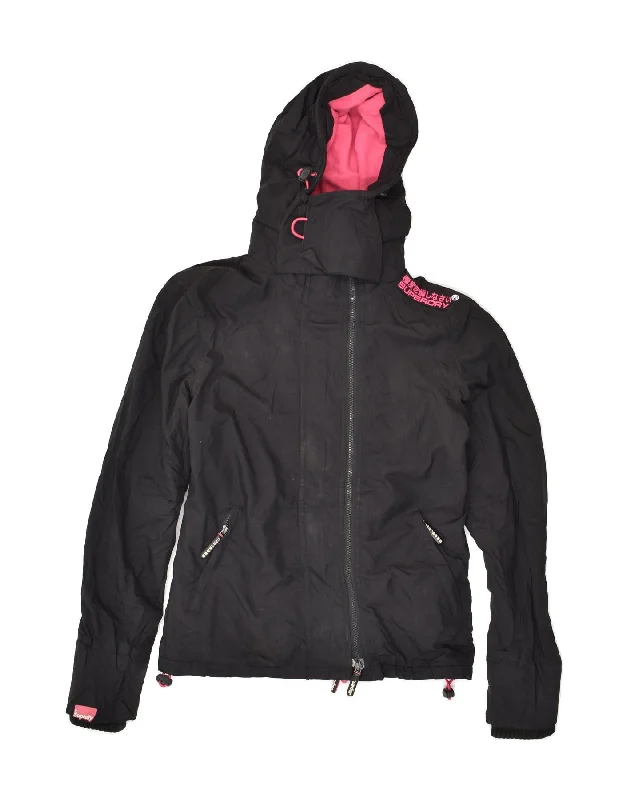 SUPERDRY Womens Hooded Windbreaker Jacket UK 36 Small Black Nylon Trench Coat Raincoat Waterproof Jacket