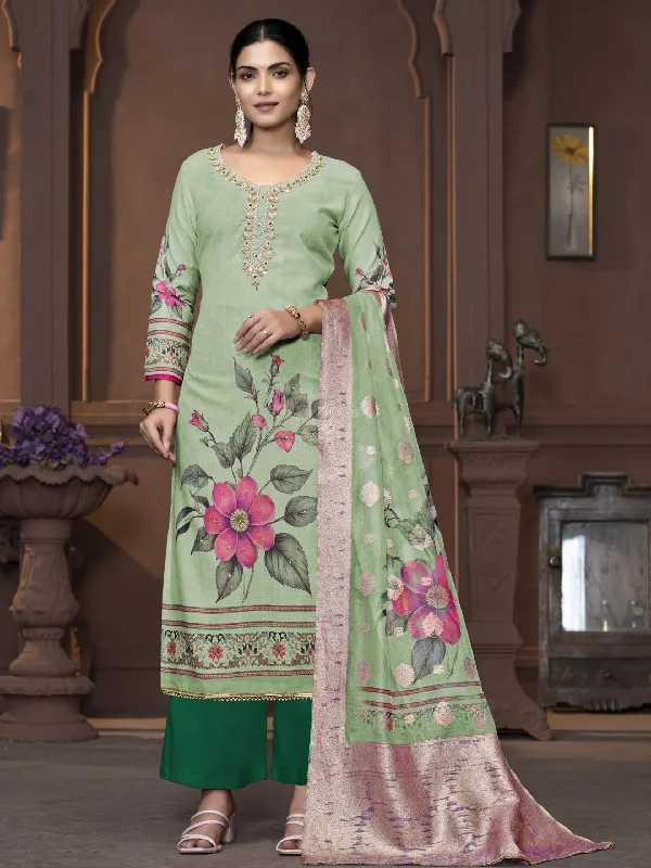 Green Party Wear Readymade Pant Suit With Wevon Designer Printed Hand Work Wide-Legged Palazzos