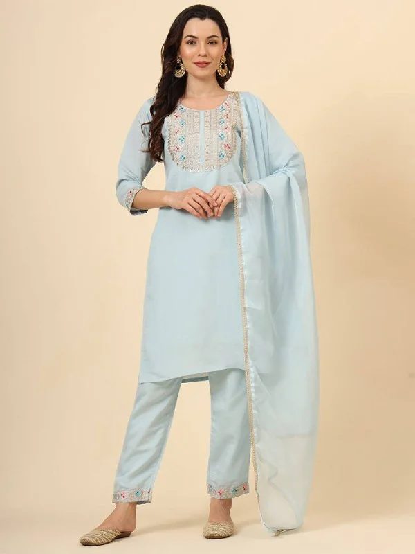 Sky Trendy Designer Readymade Pant Suit With Embroidery Work Trendy Palazzo Pants