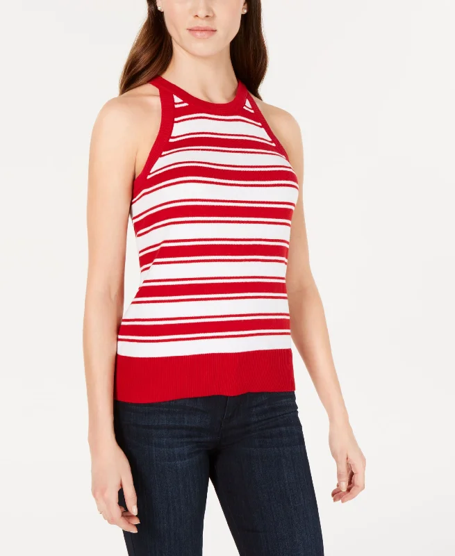 Striped Sweater-Knit Halter Top Hooded Caped Shawl Collar