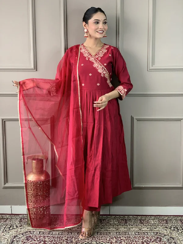 Maroon Attractive Looking Readymade Pant Suit With Embroidery Printed Work Classic Flared Pants