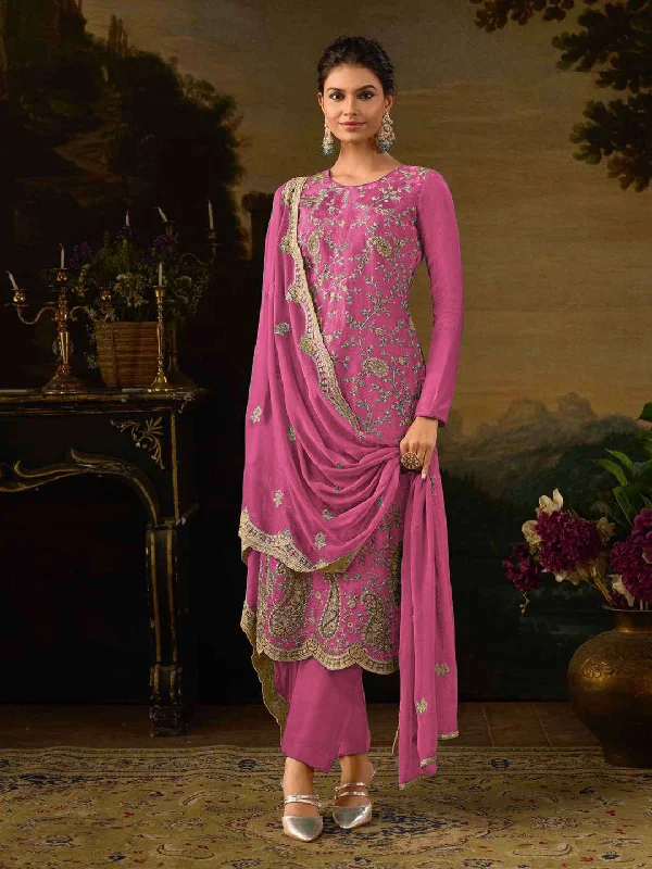 Pink Traditional Designer Readymade Pant Suit With Embroidery Work Casual Plaid Pants