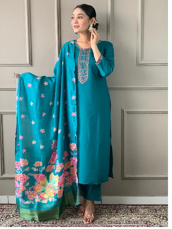 Blue Attractive Looking Readymade Pant Suit With Embroidery Printed Work Cozy Lounge Pants