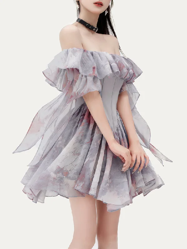 Romantic Smudge Flat Shoulder Waist Slim Dress VOC0210 Boatneck Modish Everyday