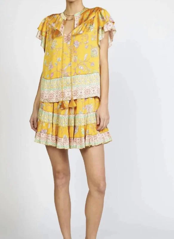 Border Printed Elastic Waisted Tiered Mini Skirt W/ String In Yellow Multi lace skirt intricate