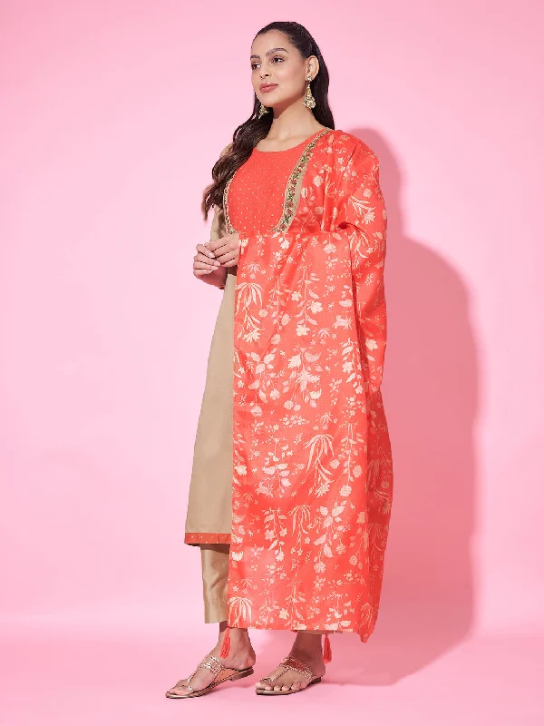 Beige Designer Readymade Pant Suit With Printed Embroidery Work High-Waist Jogger Pants