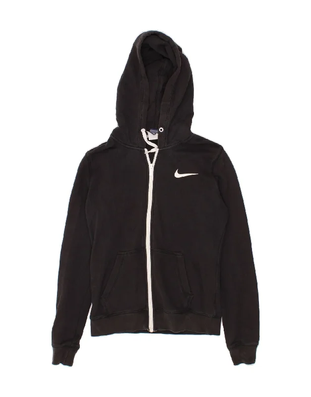 NIKE Womens Zip Hoodie Sweater UK 10 Small Black Cotton Seamless Knitted Crochet