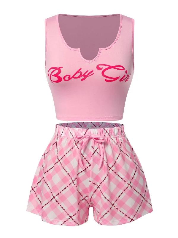 Pink 1970s Baby Girl Tank Top & Plaid Shorts Pajamas playful tank top