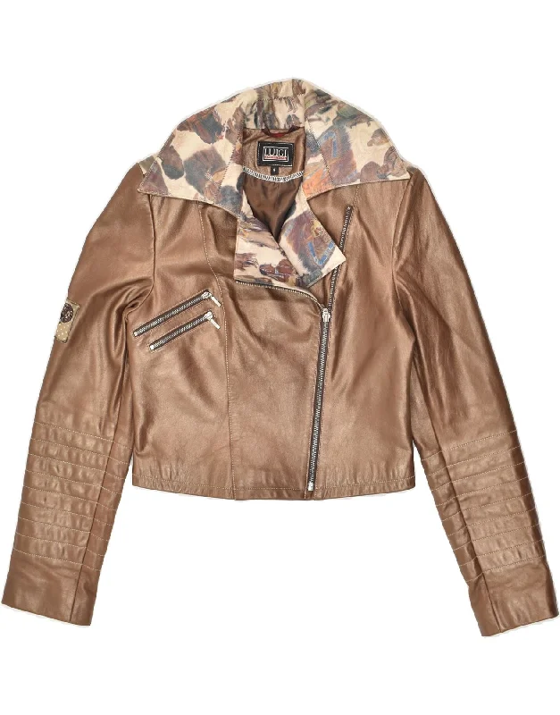 VINTAGE Womens Abstract Pattern Crop Jacket UK 10 Small Brown Leather Welt Pockets Slit Pockets Flap Pockets
