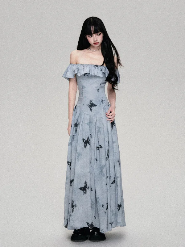 Water Blue Dreamy French One Shoulder Butterfly Printed Dress LUL0077 Tunics Vintage classic