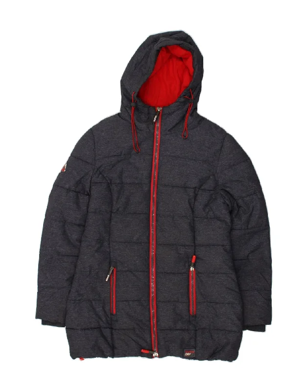 SUPERDRY Womens Hooded Longline Padded Jacket UK 12 Medium Grey Nylon Print Jacket Jacquard Jacket Embroidered Jacket