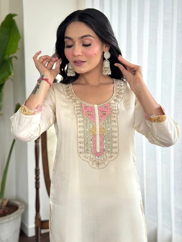 Cream Attractive Looking Readymade Pant Suit With Printed Embroidery Work Lightweight Jogger Pants