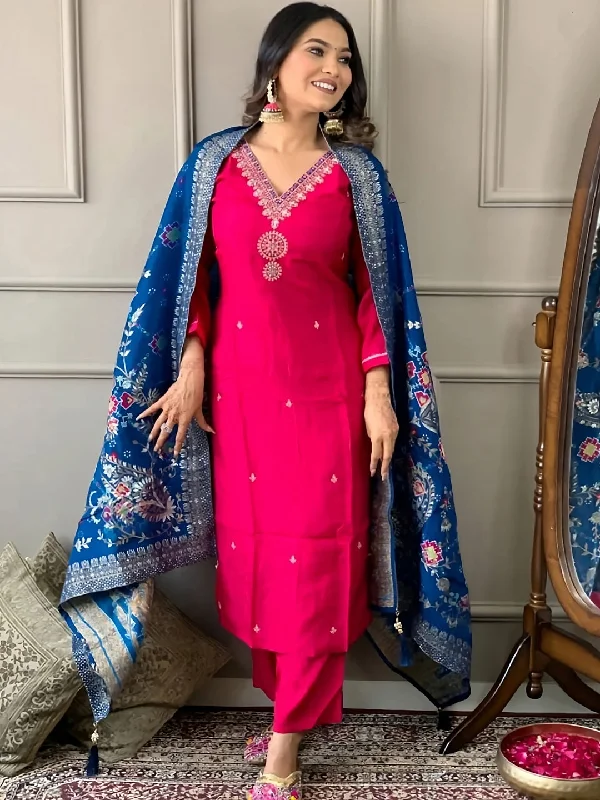 Rani Pink Trendy Designer Readymade Pant Suit With Embroidery Work Comfortable Denim Pants