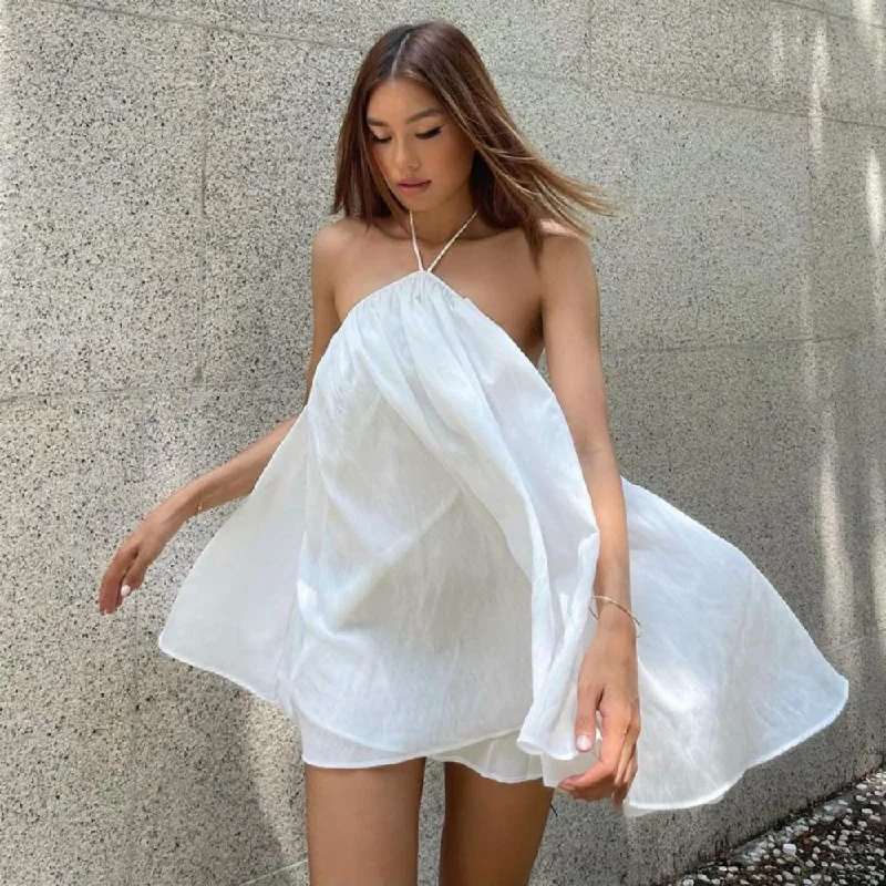 Cute Summer Sexy Loose Backless Dress Ladies Casual White Mini Tunics Canvas sturdy