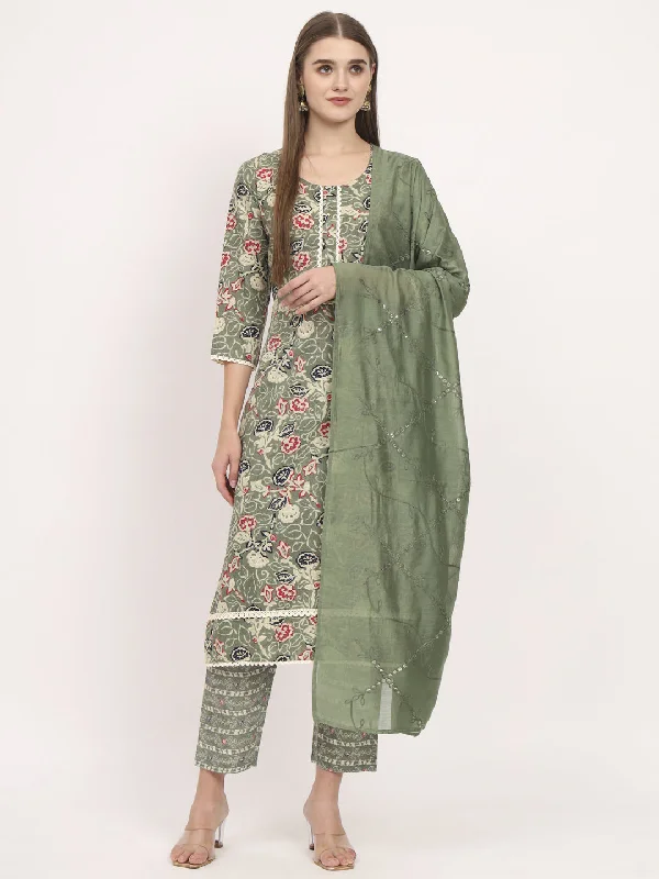 Green Designer Readymade Pant Suit With Printed Work Cozy Fitted Pants