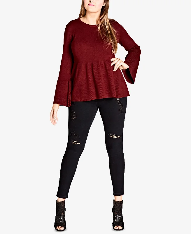 City Chic Trendy Plus Size Bell Sleeve Peplum Sweater Polka Dot Checkered Tartan
