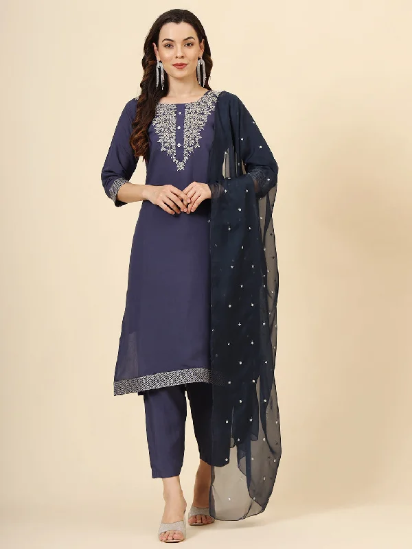 Navy Blue Designer Redaymade Pant Suit With Embroidery Work Stretch Fit Pants