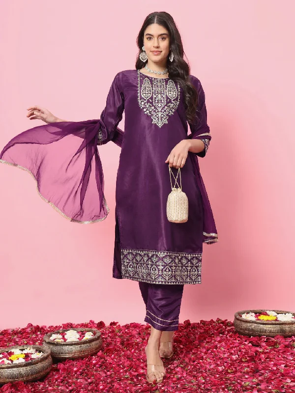 Purple Premium Designer Pant Suit With Embroidery Work Sleek Black Pants