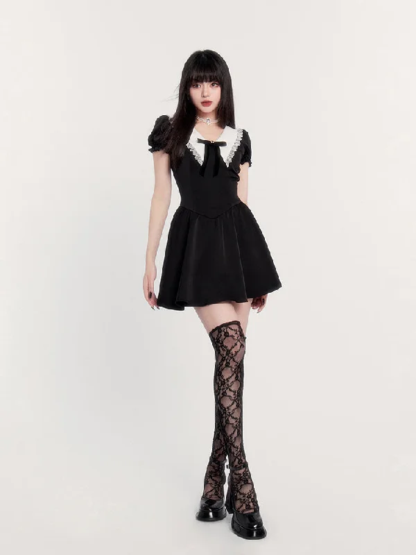 Black and White Lace Bow Puff Sleeve Dress VOC0232 Floral Print girly