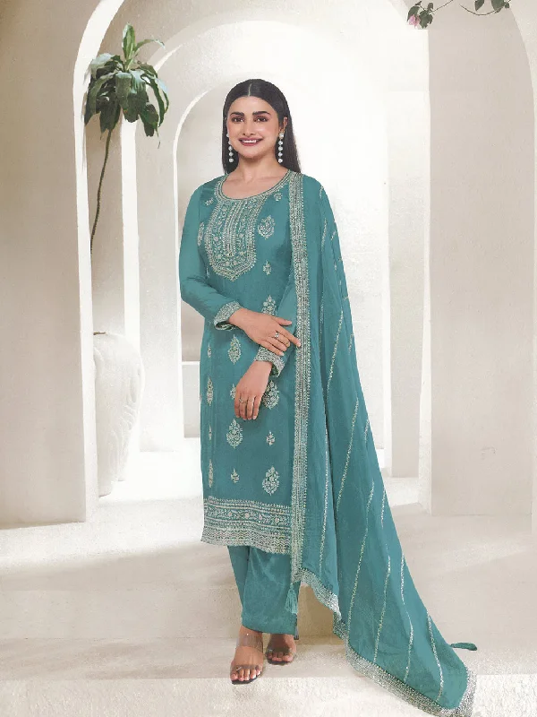 Sky Festive Wear Designer Semi-Stitched Pant Suit With Embroidery Work Comfy Zip-Up Pants