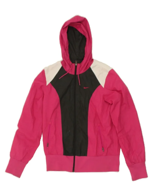 NIKE Womens Hooded Rain Jacket UK 14 Medium Pink Colourblock Polyester Herringbone Jacket Checkered Jacket Solid Jacket