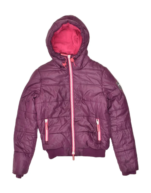 SUPERDRY Womens Hooded Padded Jacket UK 14 Medium Purple Polyester Boat Neck Shawl Collar Notched Collar