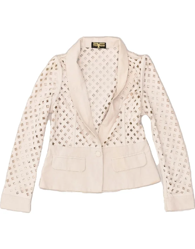 VINTAGE Womens 1 Button See throught Blazer Jacket UK 10 Small Off White Ribbed Jacket Pleated Jacket Ruffled Jacket