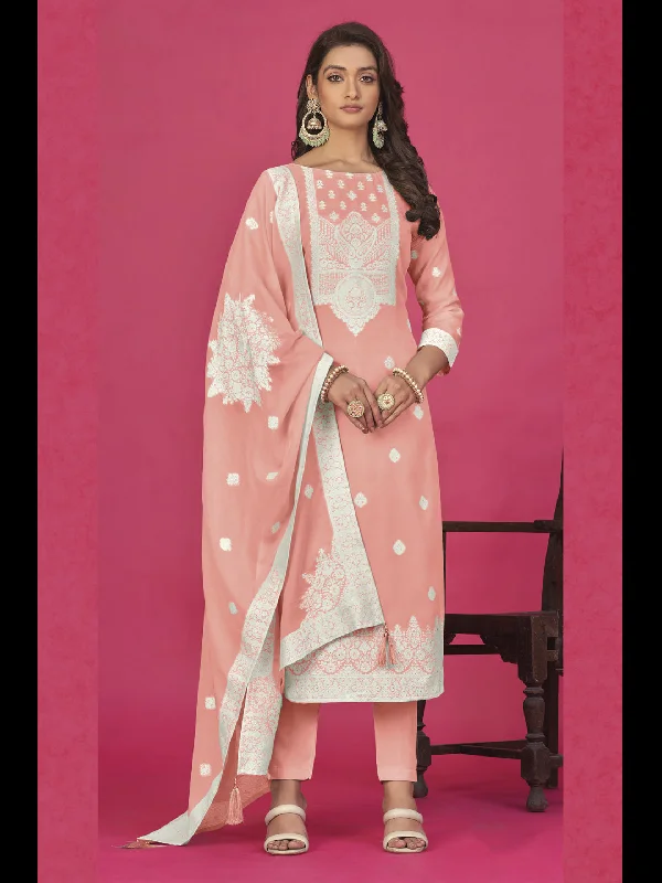 Peach Designer Readymade Organza Pant Suit With Wevon Design Baadla Work Comfortable Jogger Trousers
