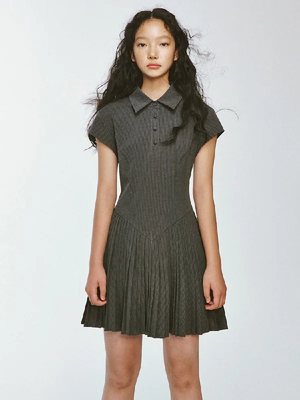 College Style Pleated Stripe Polo Dress FUS0041 Tunics Satin smooth