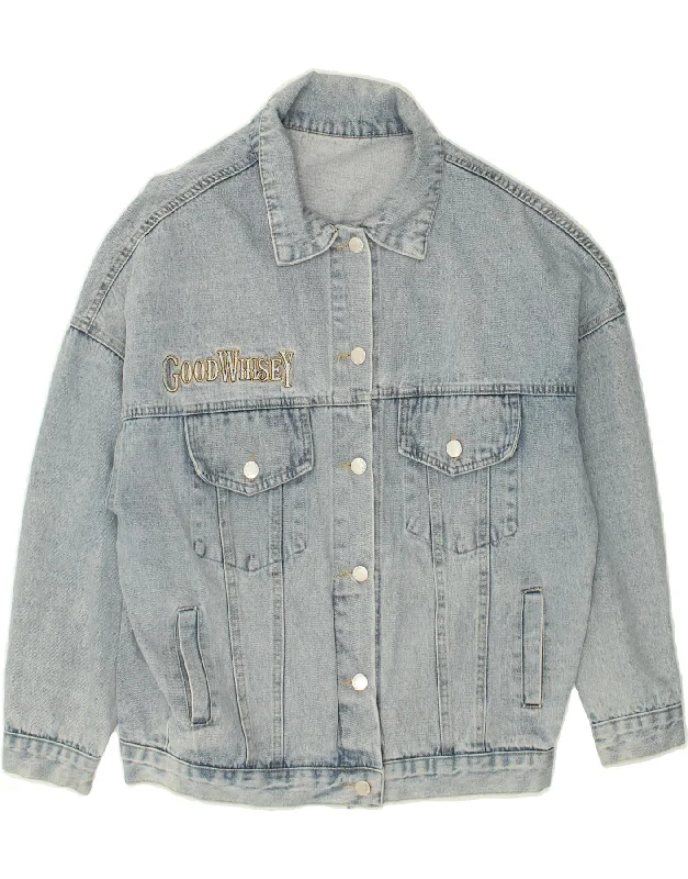 VINTAGE Womens Graphic Denim Jacket UK 12 Medium Blue Fleece Jacket Down Jacket Parka
