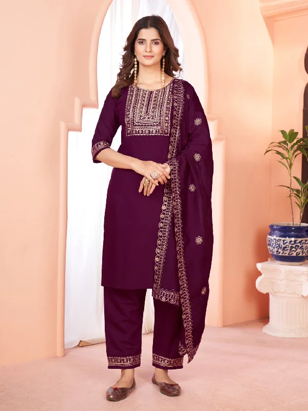 Wine Attractive Readymade Pant Suit Designer Embroidery Work Relaxed Casual Leggings