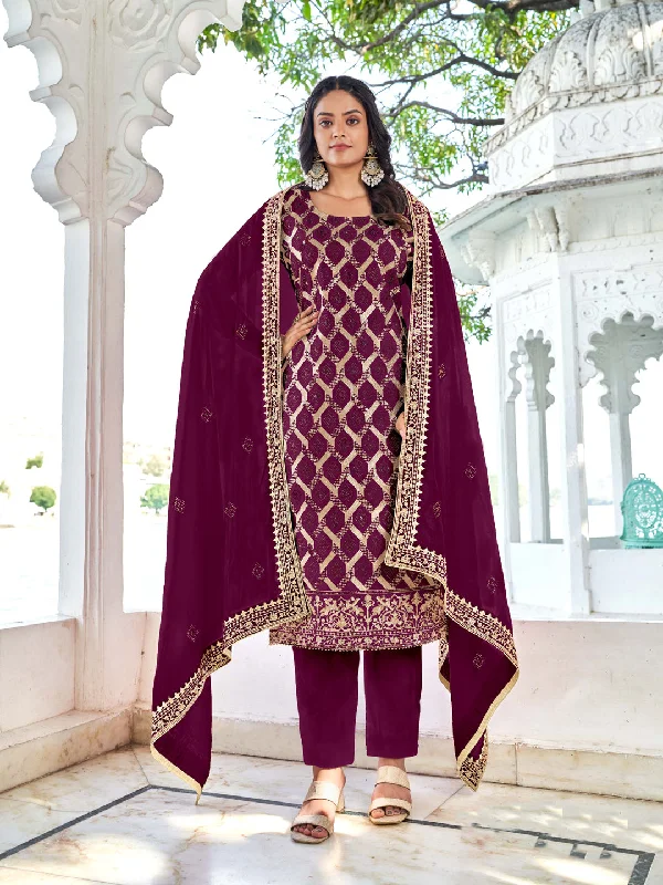 Wine Designer Readymade Blooming Vichitra Pant Suit With Embroidery & Diamond Work Warm Wool Trousers