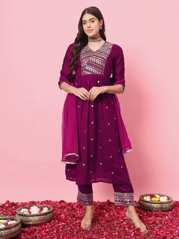 Purple Premium Designer Readymade Pant Suit With Embroidery Work Classic Flared Pants