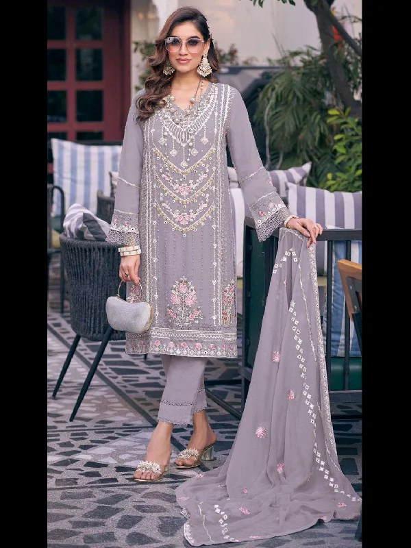 Lavender Classy Designer Semi-Stitched Fox Georgette Pant Suit With Embroidery Sequins Work Fashionable Button-Up Pants
