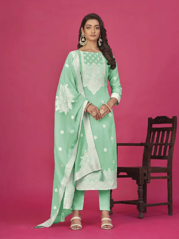 Sea Green Designer Readymade Organza Pant Suit With Wevon Design Baadla Work Casual Plaid Pants