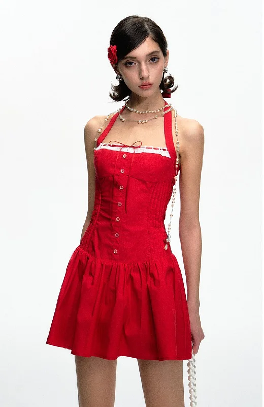 Red Lace Trim Waist A-line Halter Dress DPR0046 Tunics Plaid country