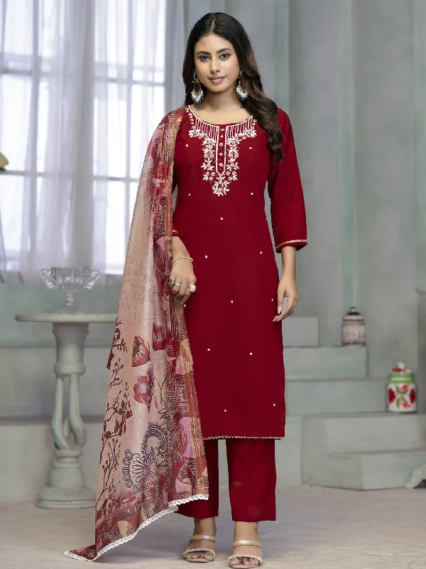Maroon Designer Readymade Pant Suit With Printed Embroidery Work Classic Stretch Pants