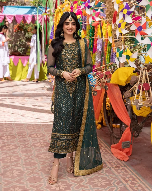 Green Heavy Faux Georgette Trendy Readymade Pant Suit With Printed Embroidery Work Relaxed Lounge Trousers