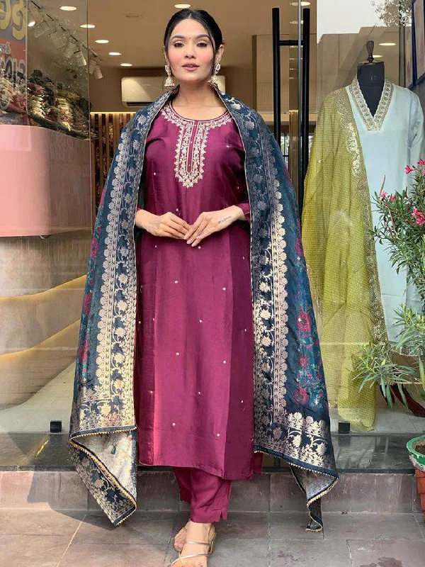 Burgundy Designer Party Wear Readymade Pant Suit With Printed Embroidery Work Casual Track Pants