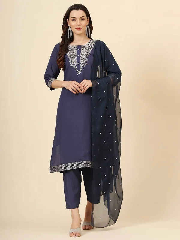 Navy Blue Trendy Readymade Pant Suit With Embroidery Work Classic Bootcut Trousers