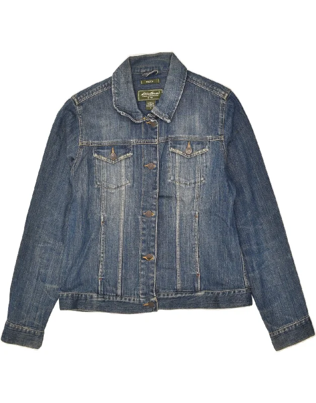 EDDIE BAUER Womens Stretch Denim Jacket UK 14 Large Blue Cotton Print Jacket Jacquard Jacket Patchwork Jacket