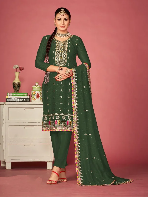 Mehendi Traditional Designer Semi-Stitched Pant Suit With Embroidery Diamond Work Comfy Zip-Up Pants