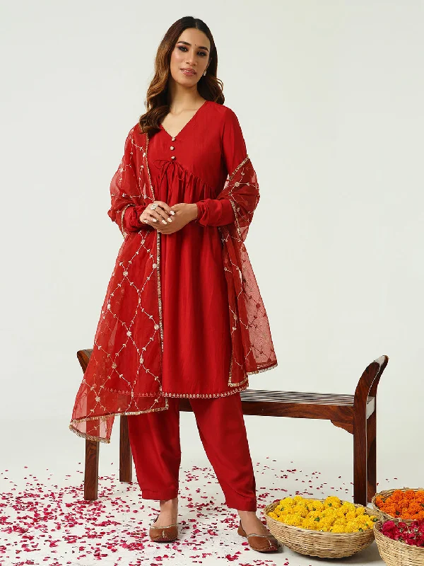 Red Designer Readymade Pant Suit Embroidery Work Classic Cropped Pants