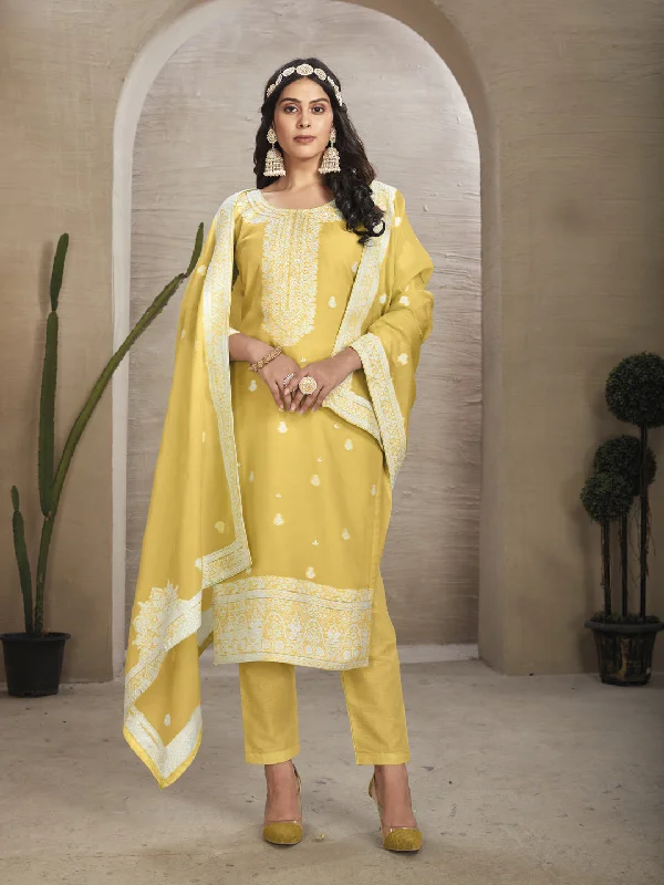 Yellow Readymade Organza Pant Suit With Wevon Designer Hand Work Trendy Printed Leggings