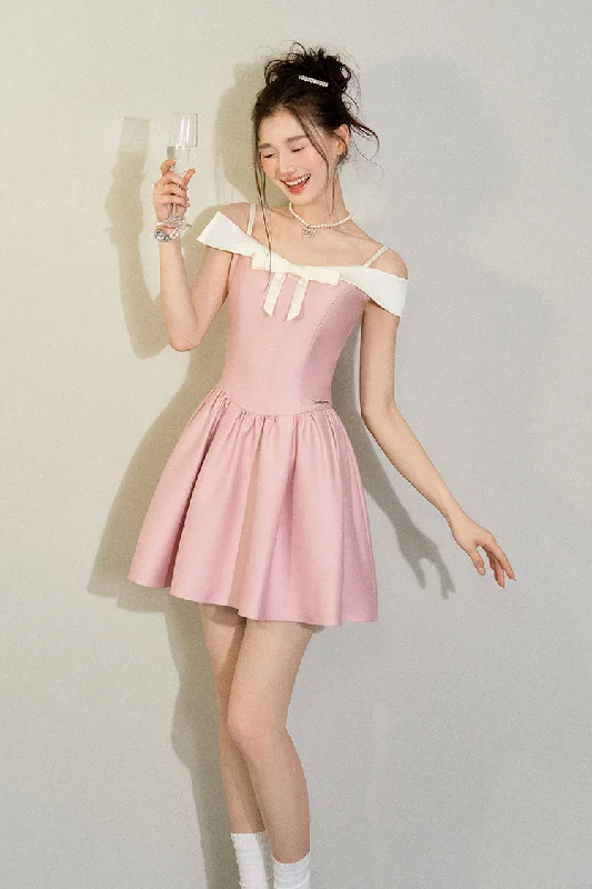 French style Bow One Shoulder Waist Suspender Dress UND0069 Tunics Practical easy-care