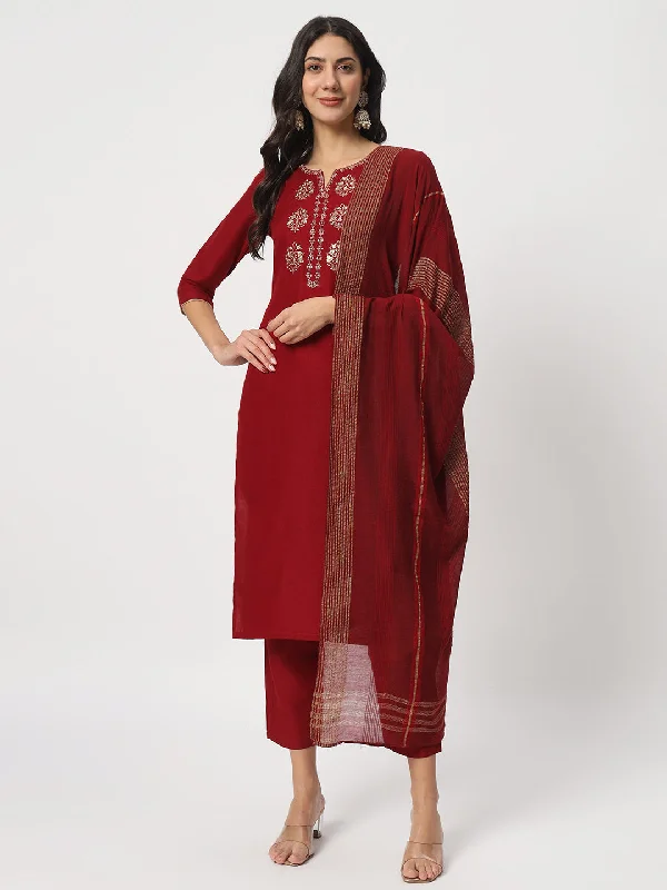Maroon Designer Readymade Pant Suit With Embroidery Work Trendy Tapered Pants