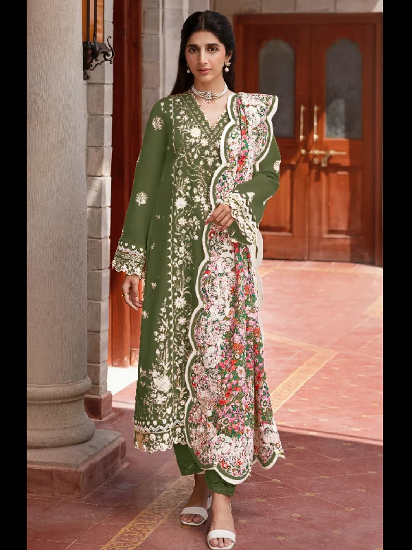 Mehendi Green Traditional Designer Semi-Stitched Pant Suit With Embroidery Work Relaxed High-Waist Trousers